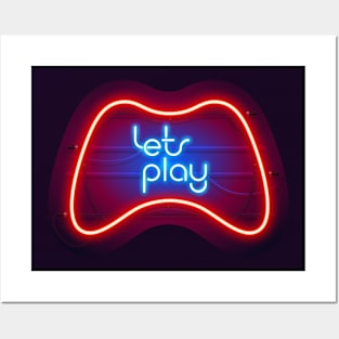 Colorful Neon Let's Play Sign with Game Controller Posters and Art